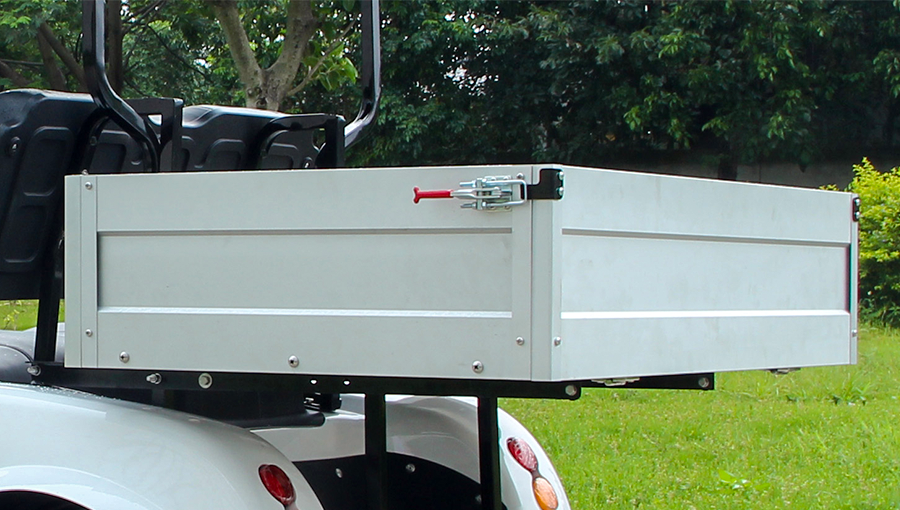 Spacious rear cargo box of Tara Turfman utility vehicle, ideal for transporting tools and materials