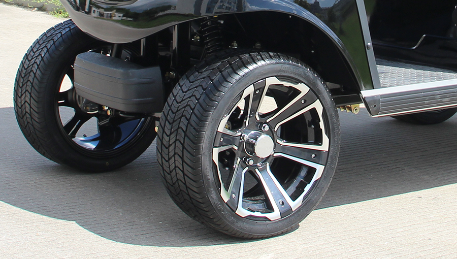 Close-up of Tara utility task vehicle tire with low-profile road tread for quiet and stable driving on paved surfaces