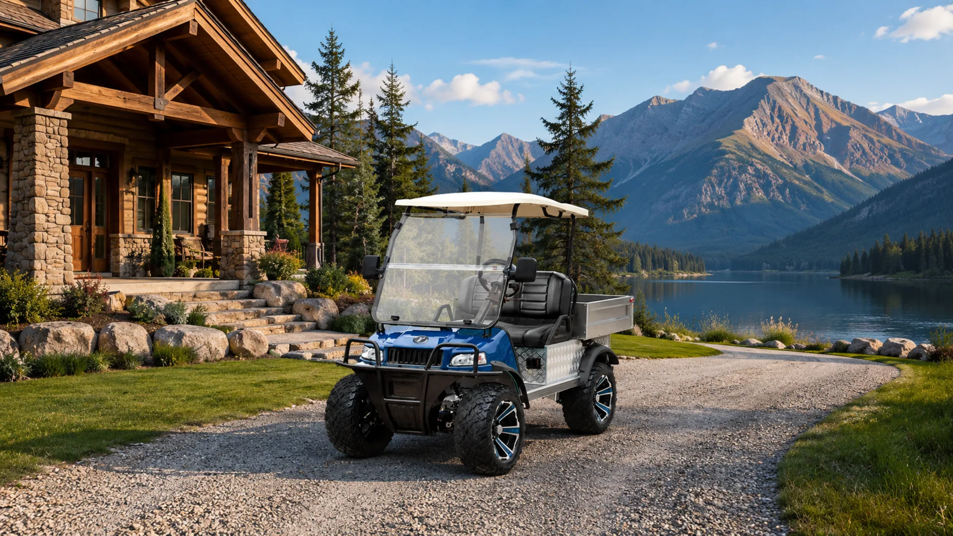 Blue TARA utility task vehicle (UTV) at a lakeside mountain lodge