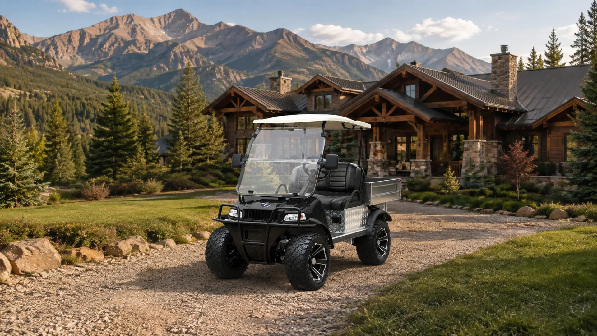 Black TARA utility task vehicle (UTV) outside a mountain lodge