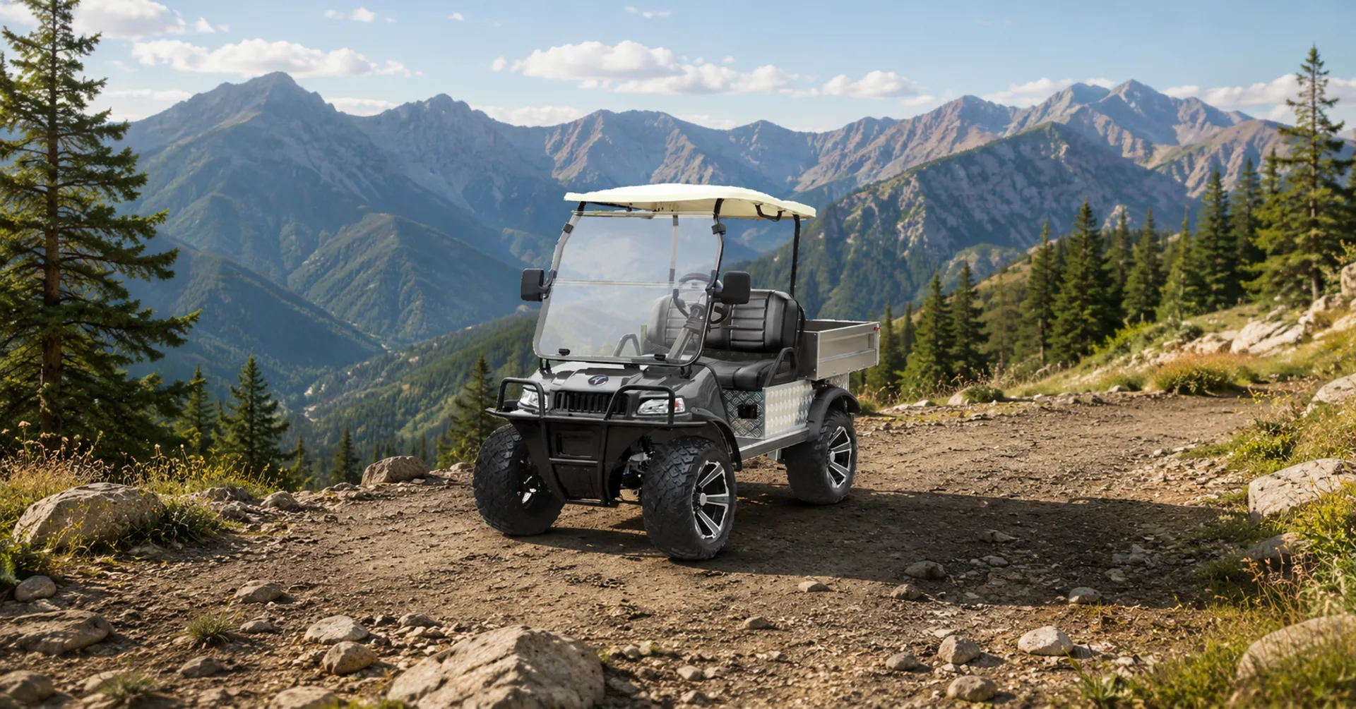 Gray TARA utility task vehicle (UTV) on a mountain trail