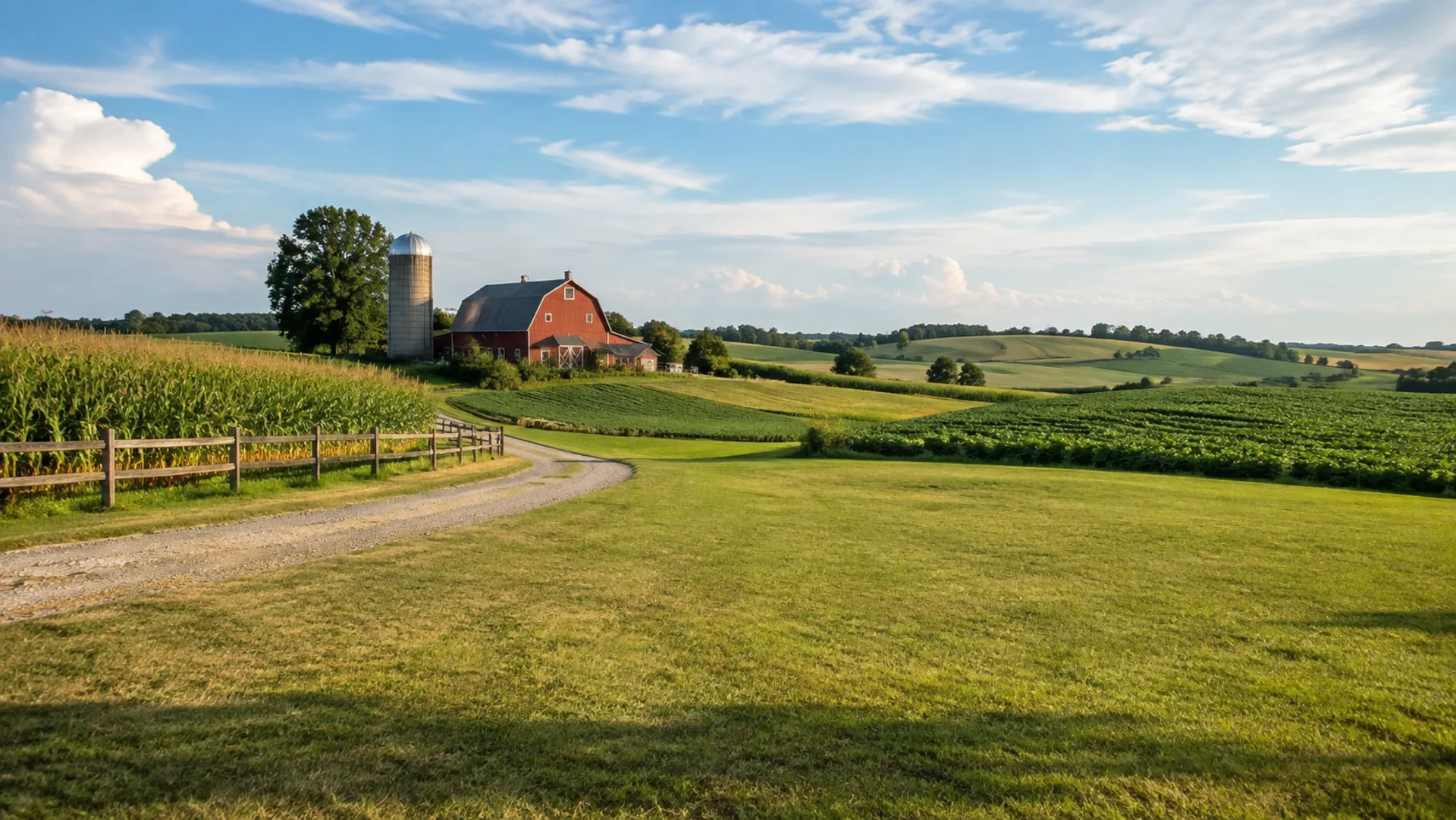 Farm with red barn and fields — TARA UTV country